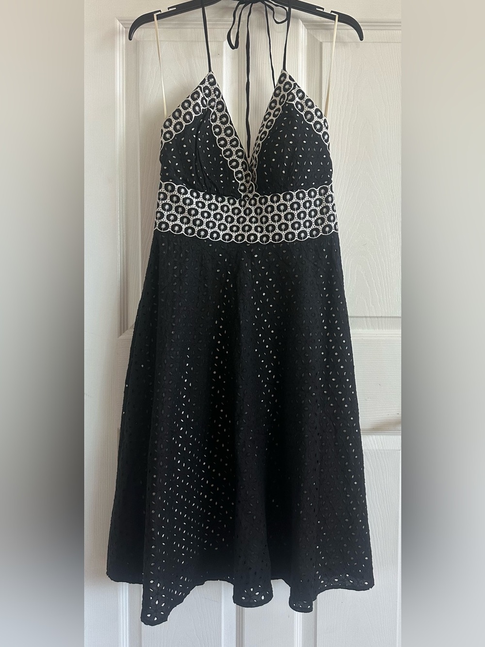 Phoebe Couture Black Halter Eyelet Mini Dress with White Trim